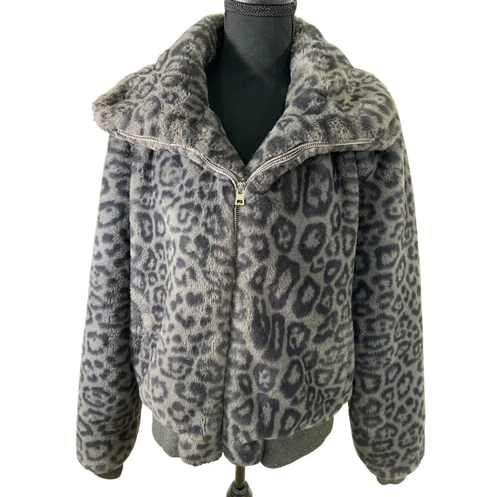 Generation Love size L large faux fur leopard‎ bomber jacket coat